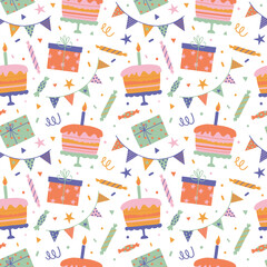 Vector seamless pattern with gift boxes, cakes, sweets, confetti,  sprinkles, garlands. Kids Birthday party background. For textiles, clothing, bed linen, office supplies.