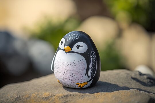 illustration of cute penguin painting on rock and put on rock 