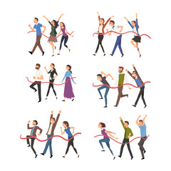 Set of cheerful people crossing finish line. Business team won competitions cartoon vector illustration