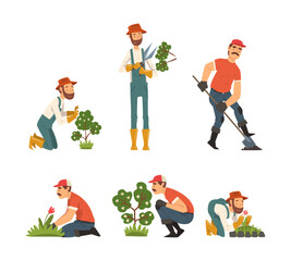 Man gardener taking care of plants in garden cartoon vector illustration