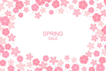 Spring blossoms, blooms, flowers frame, pink on white, with copy space. Flat style vector illustration. Abstract geometric design. Concept for seasonal promotion, sale, advertising, banner, poster