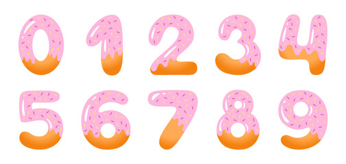 Sweet pink donuts numbers set. School or baby birthday theme. Kids vector illustration. 