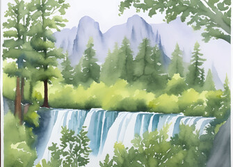 forest and waterfall drawn digital painting watercolor illustration