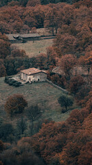Obraz premium Old rural house in the mountains, surrounded by forest.