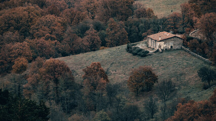 Old rural house in the mountains, surrounded by forest.