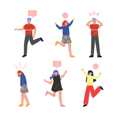 Set of teenage boys and girls expressing positive and negative emotions with signs over their heads flat vector illustration
