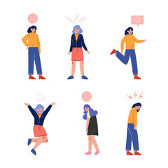 Set of teenage boys and girls expressing various emotions with signs over their heads flat vector illustration