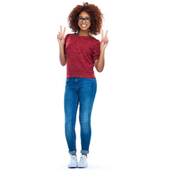 Portrait, peace sign and emoji with a black woman in studio isolated on a white background with a hand gesture. Comic, social media and a happy young female posing on blank advertising space