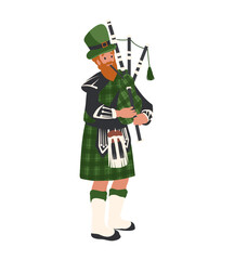 Bagpiper, Irish man with bagpipes, Saint Patrick's Day celebration, parade, cartoon illustration of people, characters Festive Costumes.  - obrazy, fototapety, plakaty