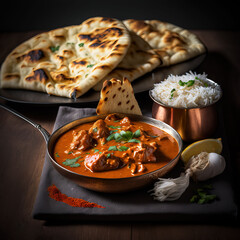 Creamy butter chicken with garlic none and a pot of rice served in a restaurant - obrazy, fototapety, plakaty
