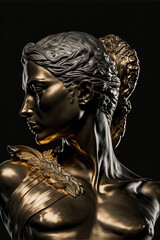 Statue de personne stoïcienne, accents de marbre doré et noir, fond noir, idéal pour les citations, les cartes, l'émotion, le visage, le corps, l'homme
