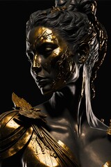 Obraz premium Statue de personne stoïcienne, accents de marbre doré et noir, fond noir, idéal pour les citations, les cartes, l'émotion, le visage, le corps, l'homme