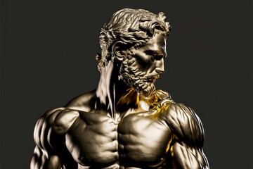 Fototapeta na wymiar Statue de personne stoïcienne, accents de marbre doré et noir, fond noir, idéal pour les citations, les cartes, l'émotion, le visage, le corps, l'homme