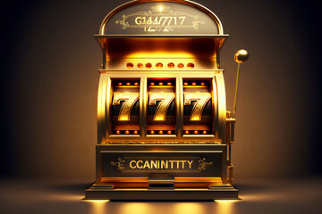 Brilliant golden casino slot machine on dark background - obrazy, fototapety, plakaty