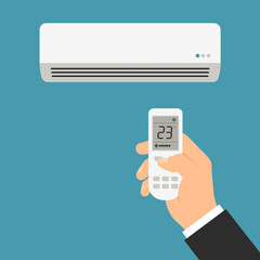Male manager's hand holds air conditioner remote control and adjusts room temperature, vector with green background