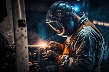 illustration of welder is welding metal , industry them bokeh and sparkle background