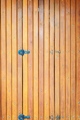 Detail of hinges and screws on an orange wooden door. Vertical image. Advertising space.