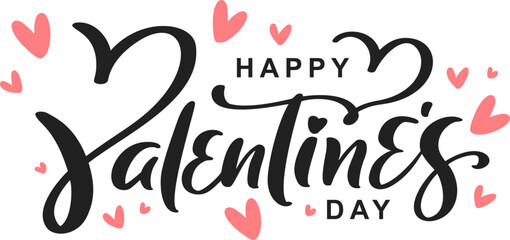 Happy Valentines Day black vector calligraphy lettering text with pink hearts. Holiday quote design for valentine greeting card, phrase poster, congratulate, calligraphy text illustration