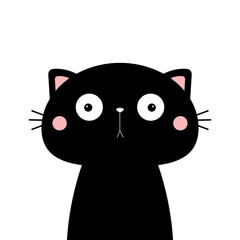 Black cat head face silhouette icon. Surprised funny kawaii smiling doodle animal. Cute cartoon funny character. Pet collection. Sticker print. Flat design Baby background. Isolated.