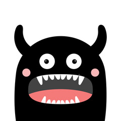 Monster face head silhouette. Happy Halloween. Cute Kawaii funny cartoon baby character. Black animal. Eyes, fangs, horns. Boo. Sticker print. Flat design. White background.