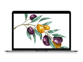 Olive design template on laptop screen. Olive leaves and branches illustration.