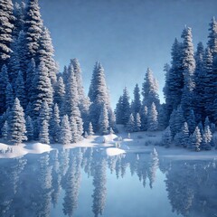 beautiful, fabulous landscape of winter forest and frozen lake, fantasy, ai