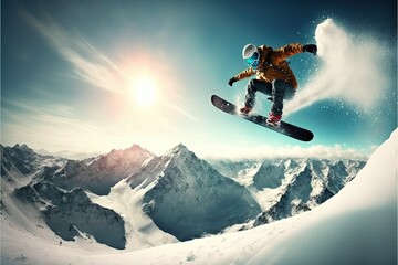 Snowboarder at jump inhigh mountains, ai generated - obrazy, fototapety, plakaty
