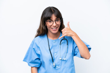 Young caucasian nurse woman isolated on white background making phone gesture. Call me back sign