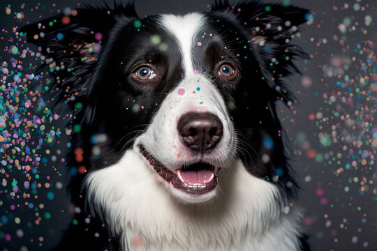 Happy border collie and confetti at a party