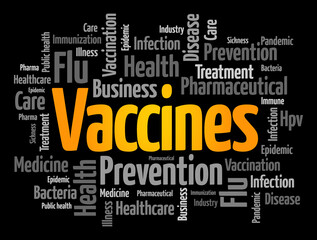 Vaccines - biological preparation that provides active acquired immunity to a particular infectious or malignant disease, word cloud concept background