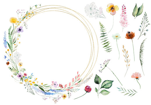 Round Frame made of watercolor wildflowers and leaves, wedding and greeting illustration