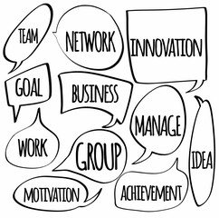 set hand drawn speech bubbles of TEAM, GOAL, WORK, NETWORK, BUSINESS, GROUP, INNOVATION, MANAGE, IDEA, MOTIVATION, ACHIEVEMENT. vector design illustration