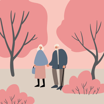 valentines day card, black couple love illustration, people on city street clip art, cute old couple in park clipart, vector in flat cartoon style.