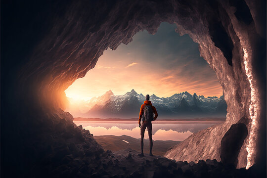 homem vendo por do sol em caverna vista pras montanhas lindas 