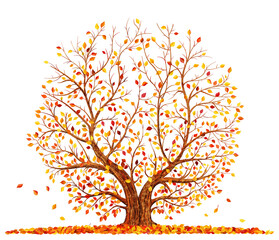 Autumn tree with falling leaves isolated on white background illustration.