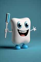 Cute Cartoon Tooth Character with a Toothbrush (Generative AI)