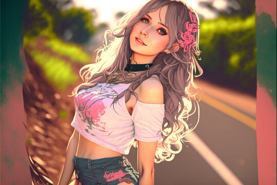 anime adolescente linda jovem em parque 
