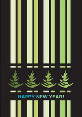 Christmas card with Christmas trees and stripes on a black background - Happy New Year!