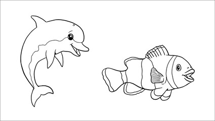 Cute dolphin and clown fish to color in. Vector template for a coloring book with funny animals. Coloring template for kids. © Lunstream