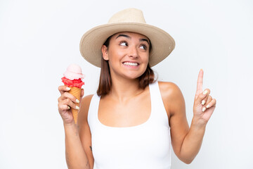 Young caucasian woman with a cornet ice cream isolated on white background intending to realizes the solution while lifting a finger up