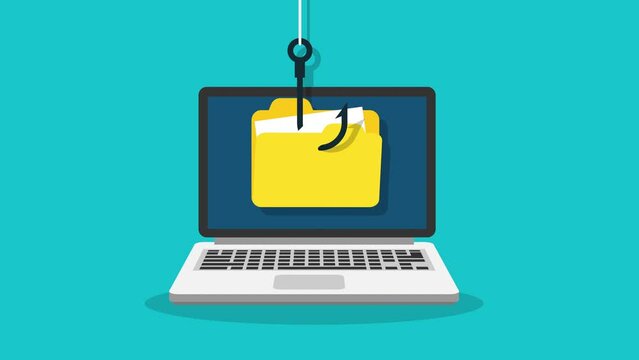 Hacker uses a fishing hook is stealing a file from laptop. motion animation.flat design
