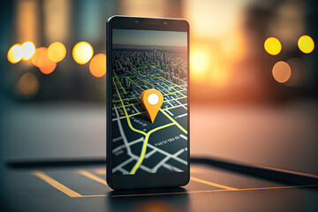 Smartphone with gps navigator icon and map on blur traffic road bokeh abstract background. Technology and transportation concept. Generative AI