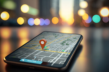 Smartphone with gps navigator icon and map on blur traffic road bokeh abstract background. Technology and transportation concept. Generative AI