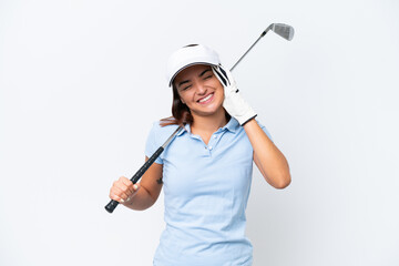 Young caucasian woman playing golf isolated on white background smiling a lot