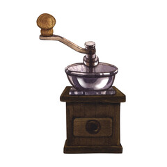 Watercolor classic coffee grinder for coffee beans. Hand-drawn illustration isolated on white background. Perfect concept for cafe, restaurant, menu, cards
