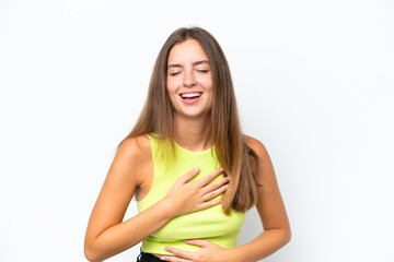 Young caucasian woman isolated on white background smiling a lot