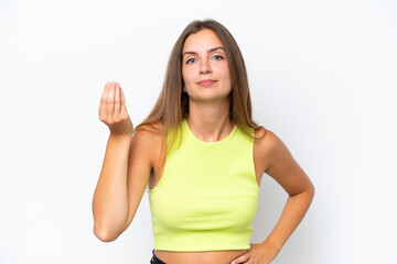 Young caucasian woman isolated on white background making Italian gesture