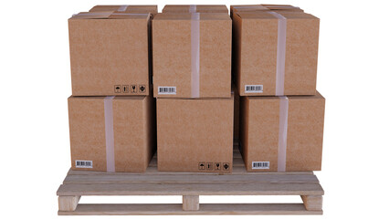 Cardboard boxes on pallet in warehouse. PNG Transparent 3D illustration - obrazy, fototapety, plakaty
