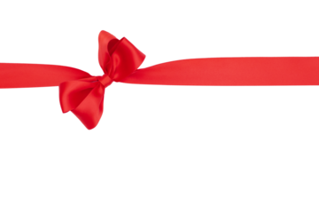 Nœud de ruban de satin pour paquet cadeau de couleur rouge, isolé sur du fond transparent.