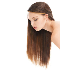 Fototapeta premium Beauty, hair care and young woman in studio with a cosmetic, long and shiny hair style. Wellness, natural treatment and female model with brunette hair isolated by white background with mockup space.